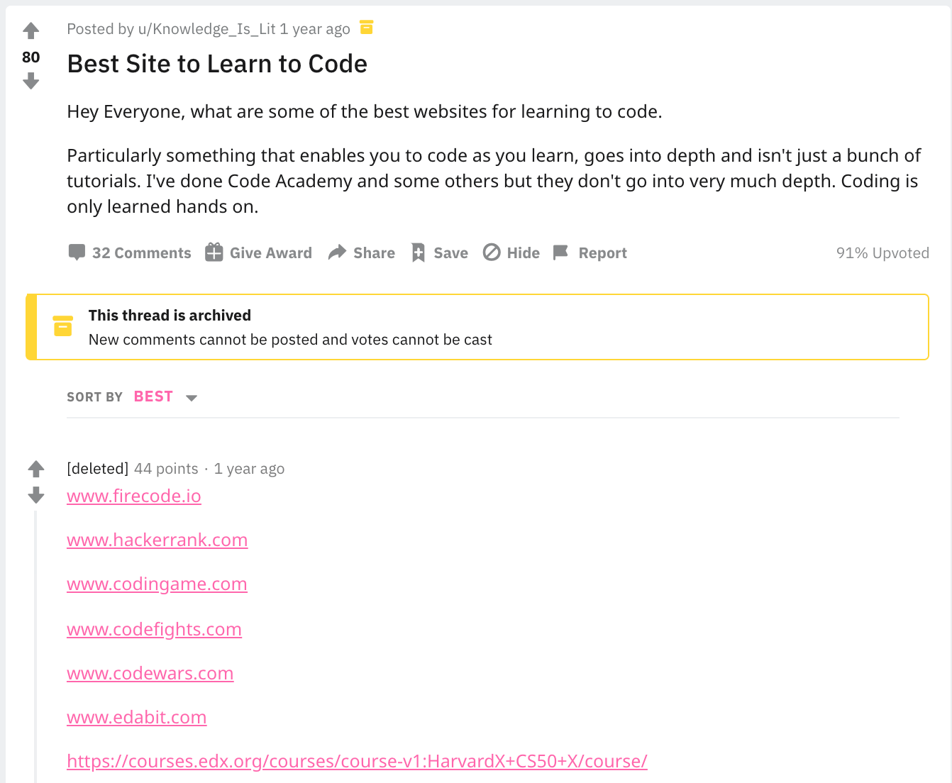 Reddit search results showing seven websites to start learning to code